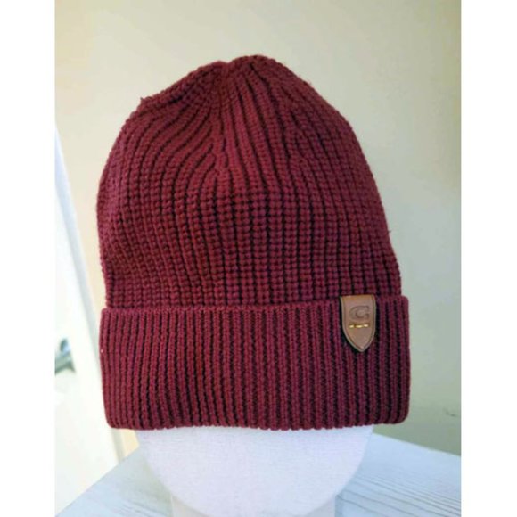 COACH Beanie Hat Wool Cherry Red NWT Leather C Tag - Picture 3 of 6